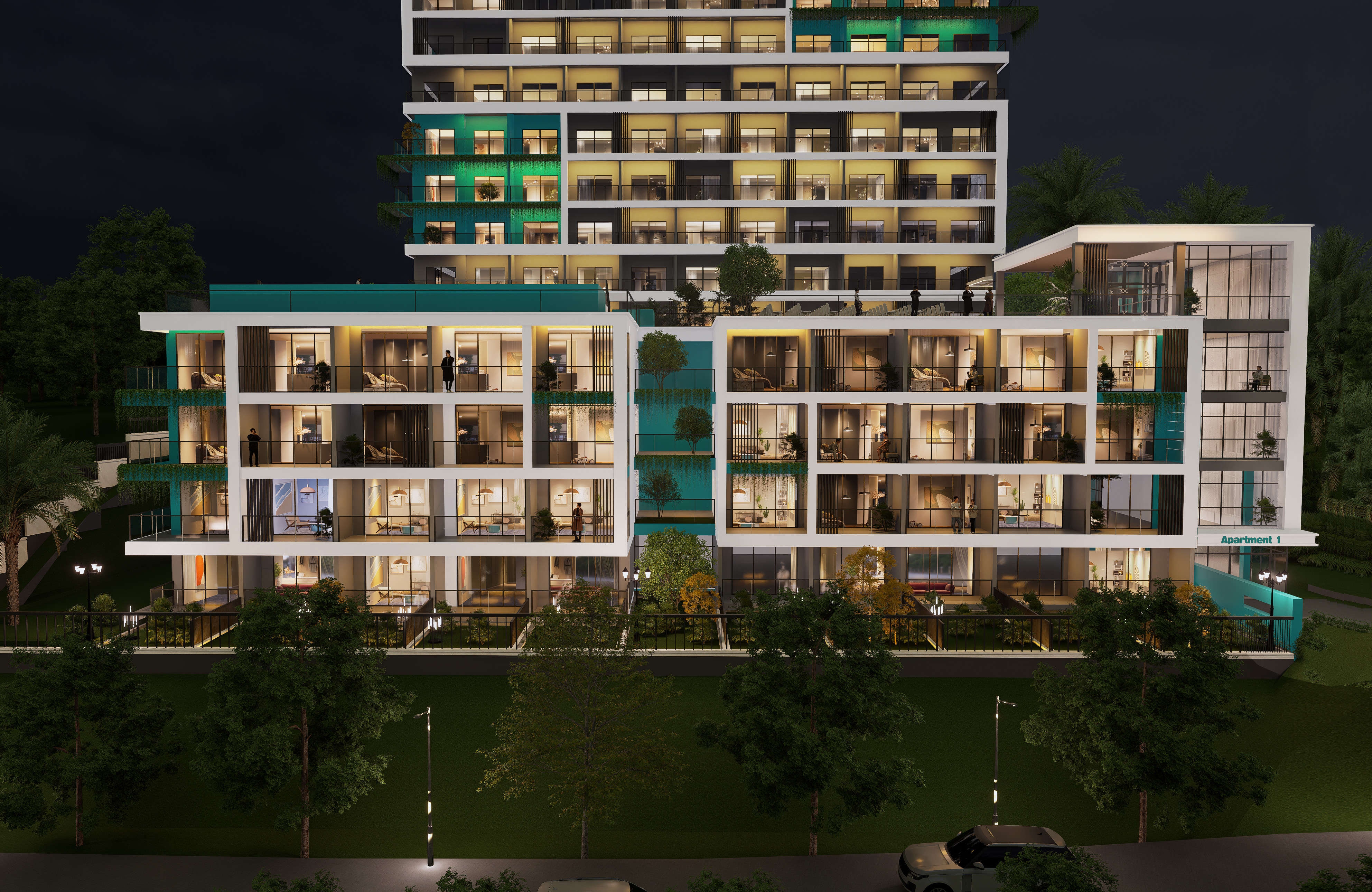 Eden Kigali residence illuminated at night from a low angle