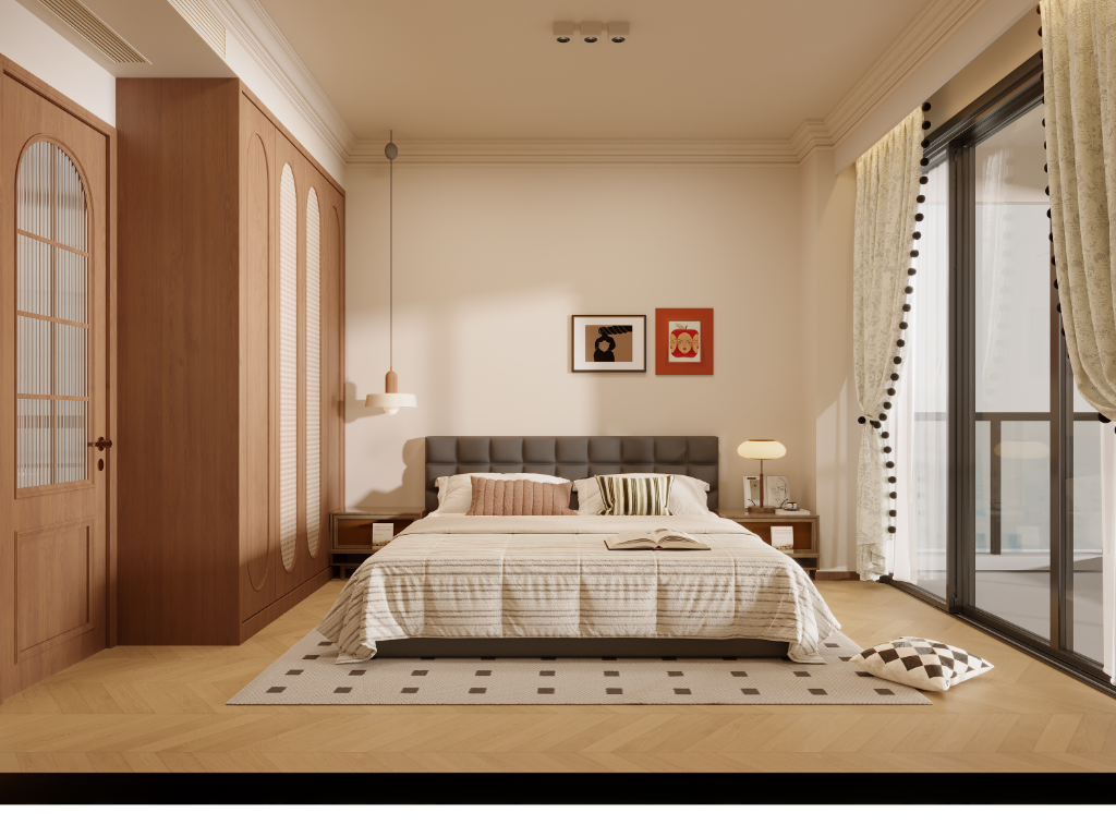 Bedroom with a king-size bed and timber wardrobes