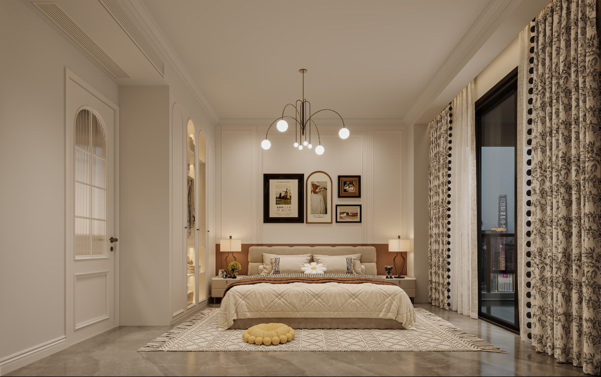 Elegant bedroom with upholstered bed and patterned curtains