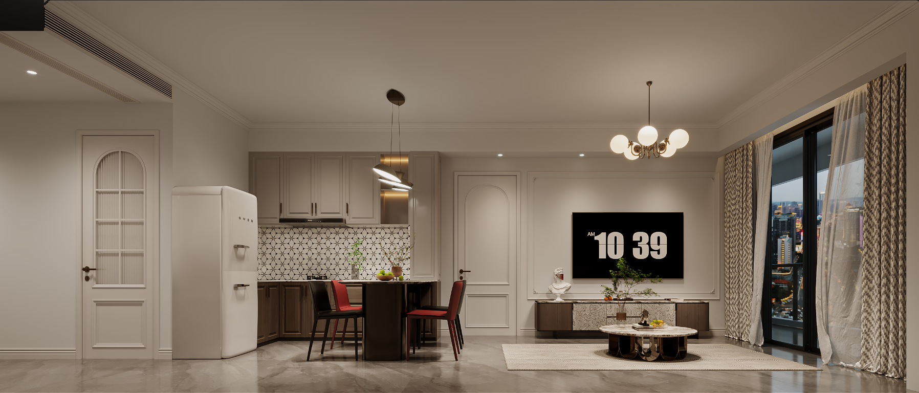 Open-plan kitchen and living area with city views
