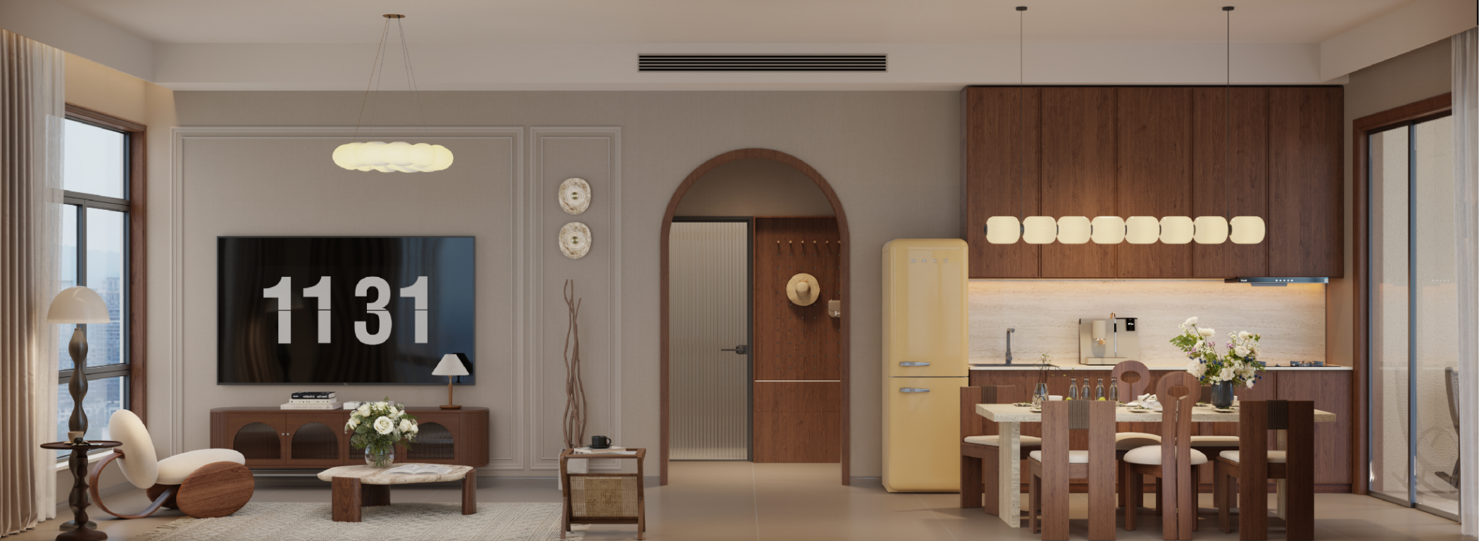 Open-plan living and dining room with a modern kitchen