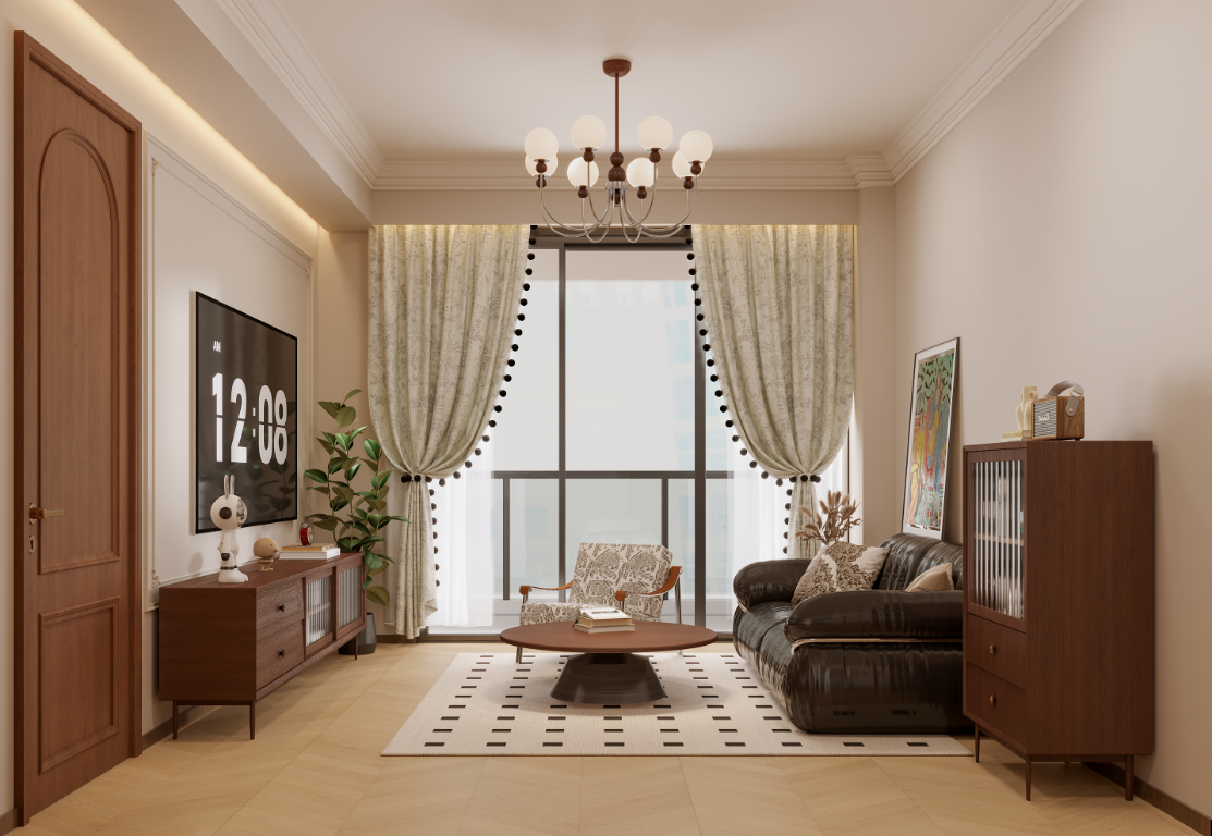 Warm living room with a full-height balcony window